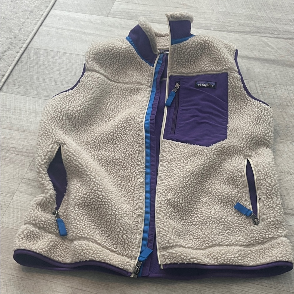 Patagonia Cream and Purple Fleece Vest with Blue Accents